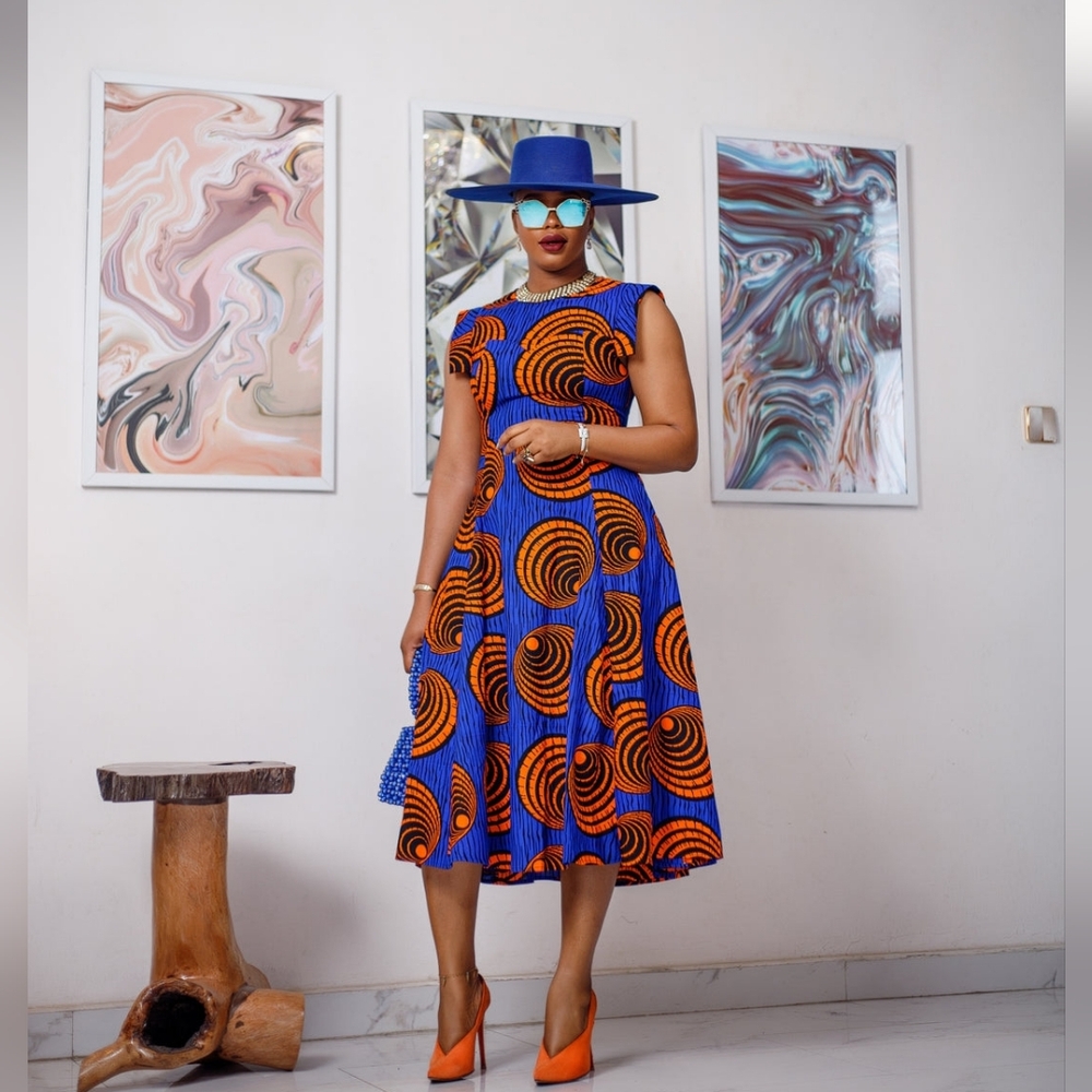 Geometric Blue & Orange Patterned Midi Dress NWT
